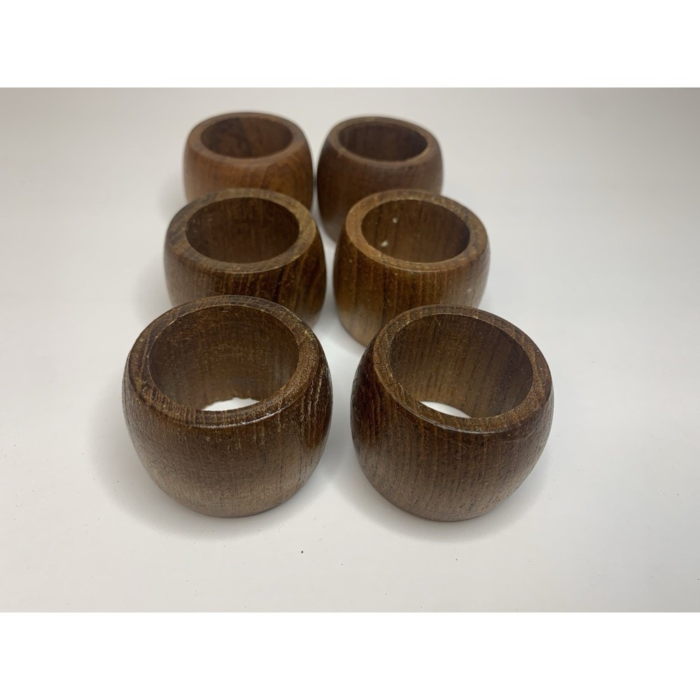 Vintage Wooden Napkin Rings Set/6 Brown Barrel Round Mid Century Modern Rustic